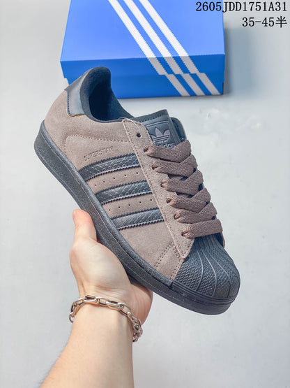 Adidas Superstar Shell-Toe Sneakers in Taupe and Charcoal