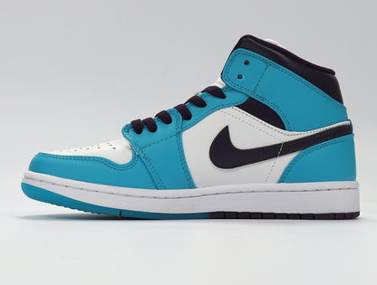 Side profile of a high-top sneaker with aqua blue overlays, a white side panel, dark Swoosh design and contrasting rubber outsole.