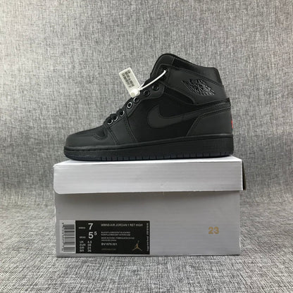 Black high-top sneaker displayed on its box; the visible label shows EU 38, women's US 7, men's US 5.5, UK 4.5, and CM 24.