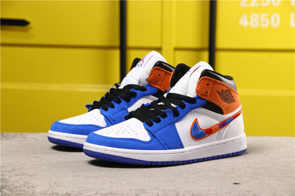 Three-quarter product view showing the blue, white, orange and black upper with black laces.