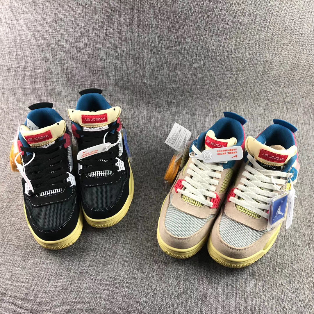 Two black pairs shown together, with blue lining, red accents, white mesh, and contrasting yellow-toned soles.