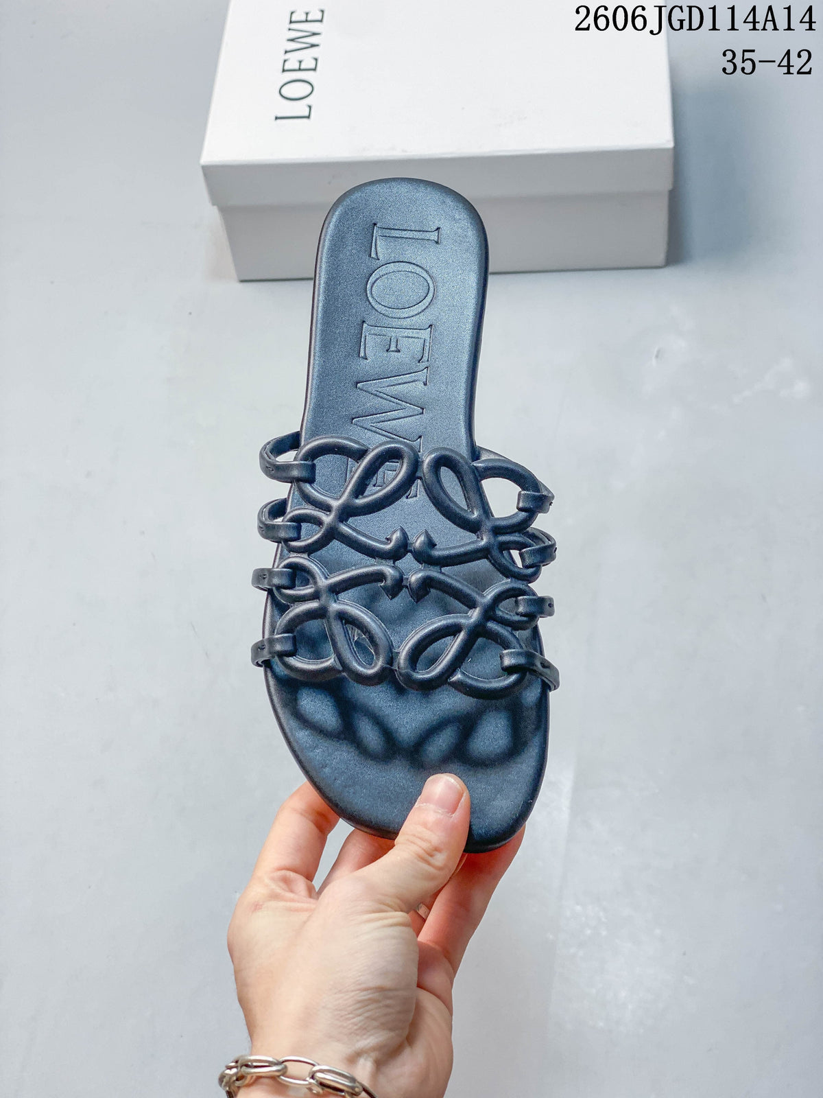 LOEWE Petal Anagram Flat Slide Sandals, Navy
