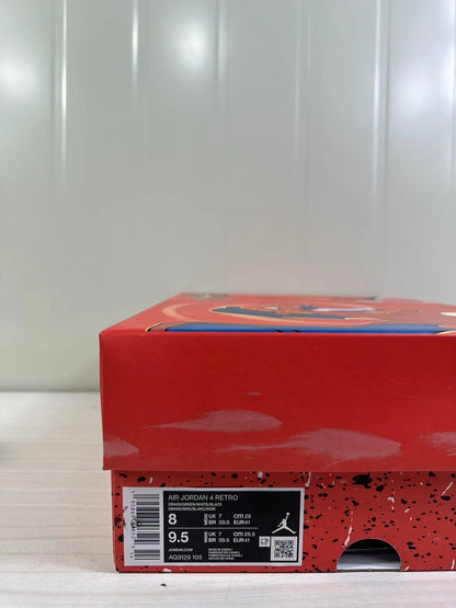 Red shoebox with a visible Air Jordan 4 Retro label showing style code AQ9129-105 and sample size information.