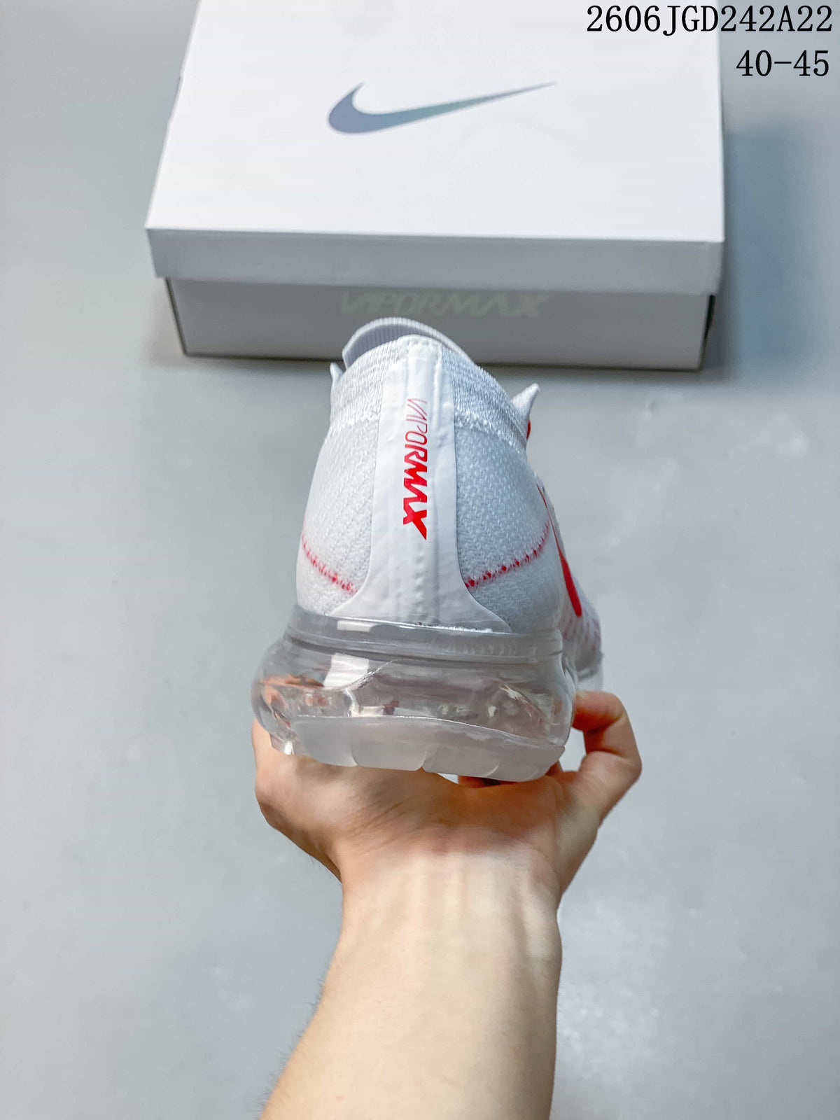 Nike VaporMax Flyknit Running Sneakers, White and Red