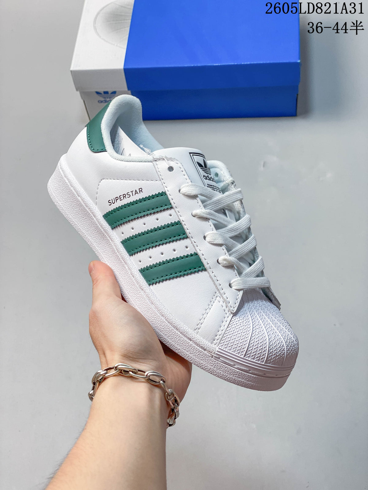 Adidas Superstar White and Green Shell-Toe Sneakers