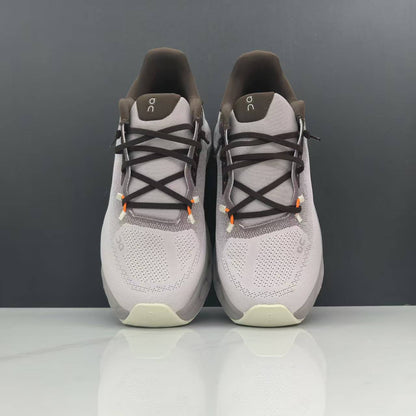 On Cloudmonster Running Shoes in Light Gray and Taupe