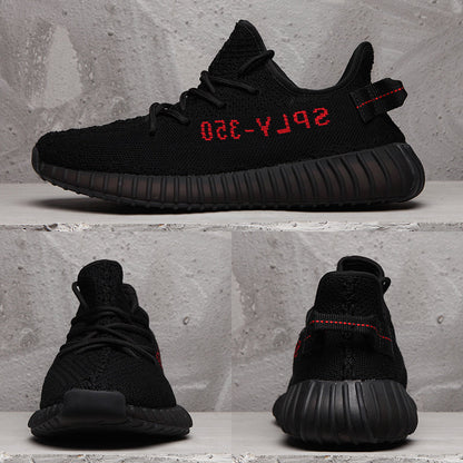 Yeezy Boost 350 V2 Black Knit Sneakers with Red Accents