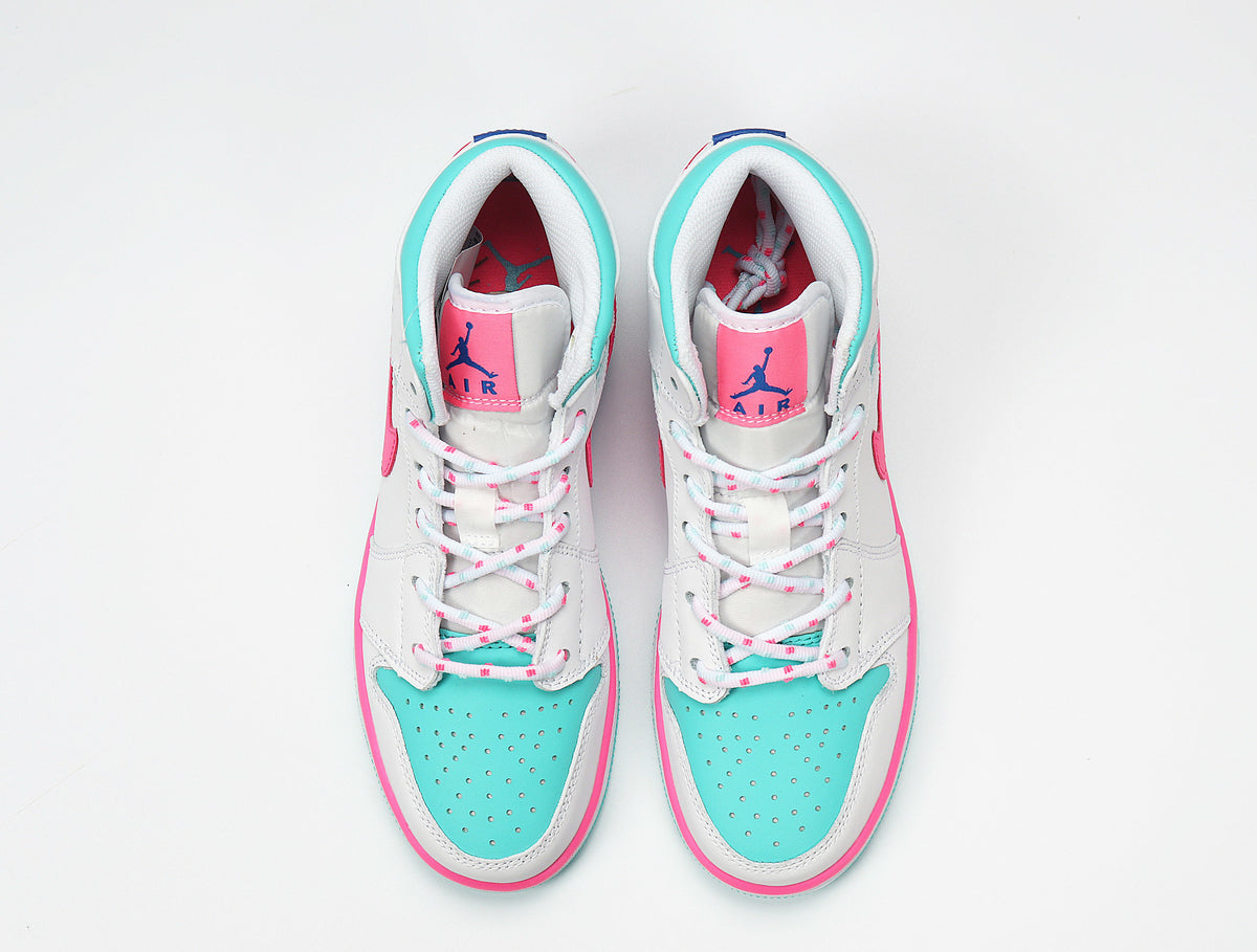 Top view of the pair showing the white, pink, and aqua color arrangement.
