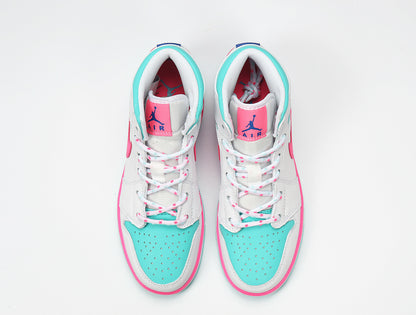 Top view of the pair showing the white, pink, and aqua color arrangement.