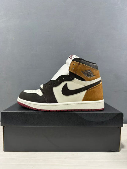 Side profile of the high-top sneaker with a brown collar and heel, black overlays, white midsole and burgundy outsole.