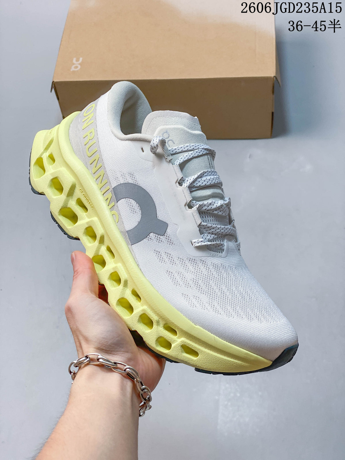 On Cloudmonster 3 Running Shoes, White with Yellow Sole