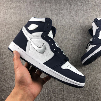 Single high-top sneaker shown from the outer side in white, navy and silver.