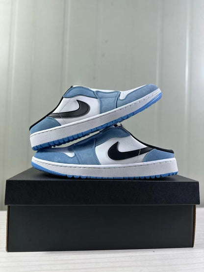 Pair of blue, white, and black mule sneakers displayed in a stacked side view.