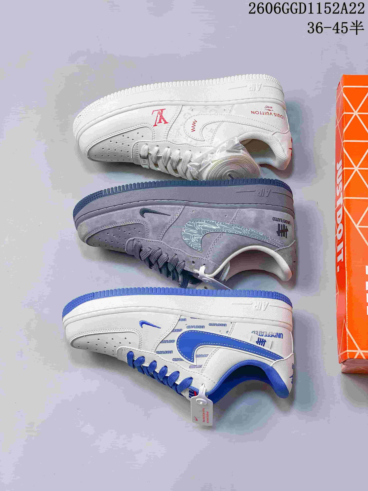 Nike Air Force 1 Low Sneakers in White, Gray, and Blue