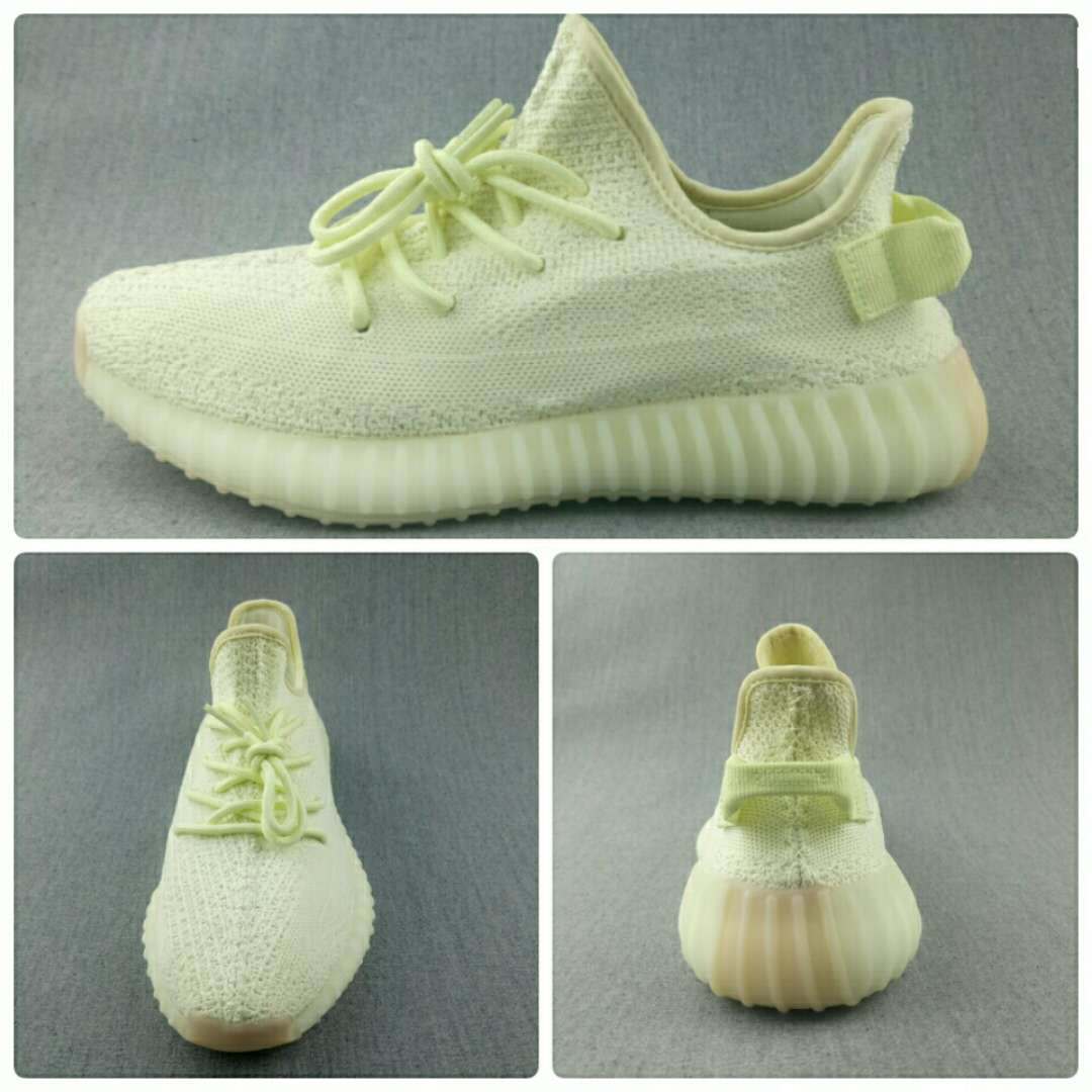 Composite view showing side, top, and rear angles of the pale butter-yellow sneakers.