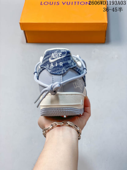 Nike Air Force 1 Low White and Gray Denim Sneakers