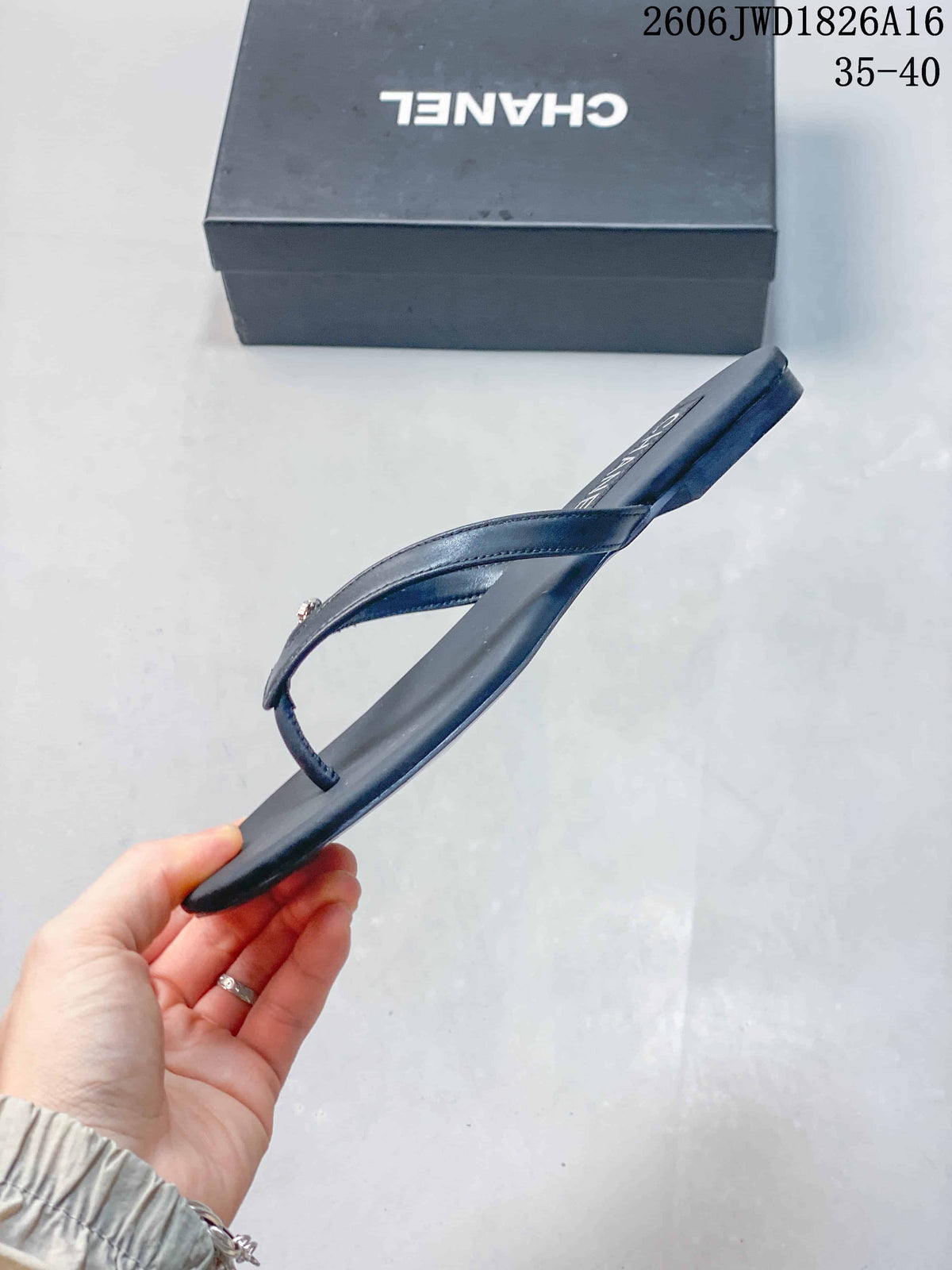 Chanel Dark Navy Thong Sandals with Logo Detail