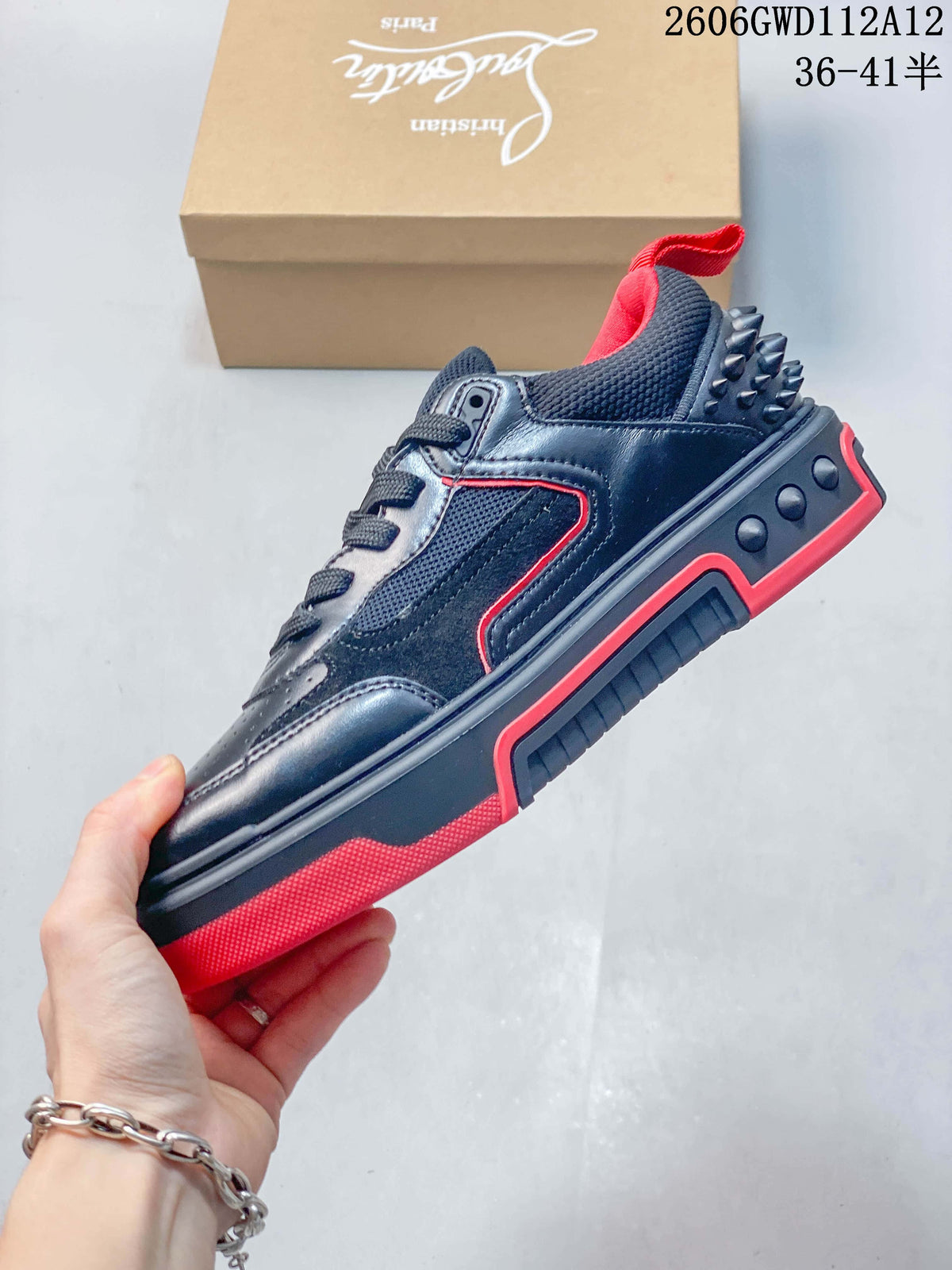 Christian Louboutin Funnyto Flat Low-Top Sneakers, Black and Red