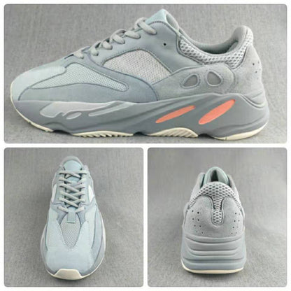 Collage showing side, top, and rear views of the gray and coral low-top sneakers.