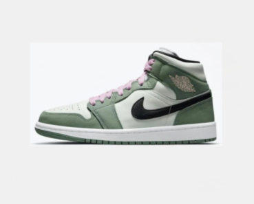 Mint green Jordan high-top sneaker with black Swoosh detailing, pink laces, white panels, and a green outsole.