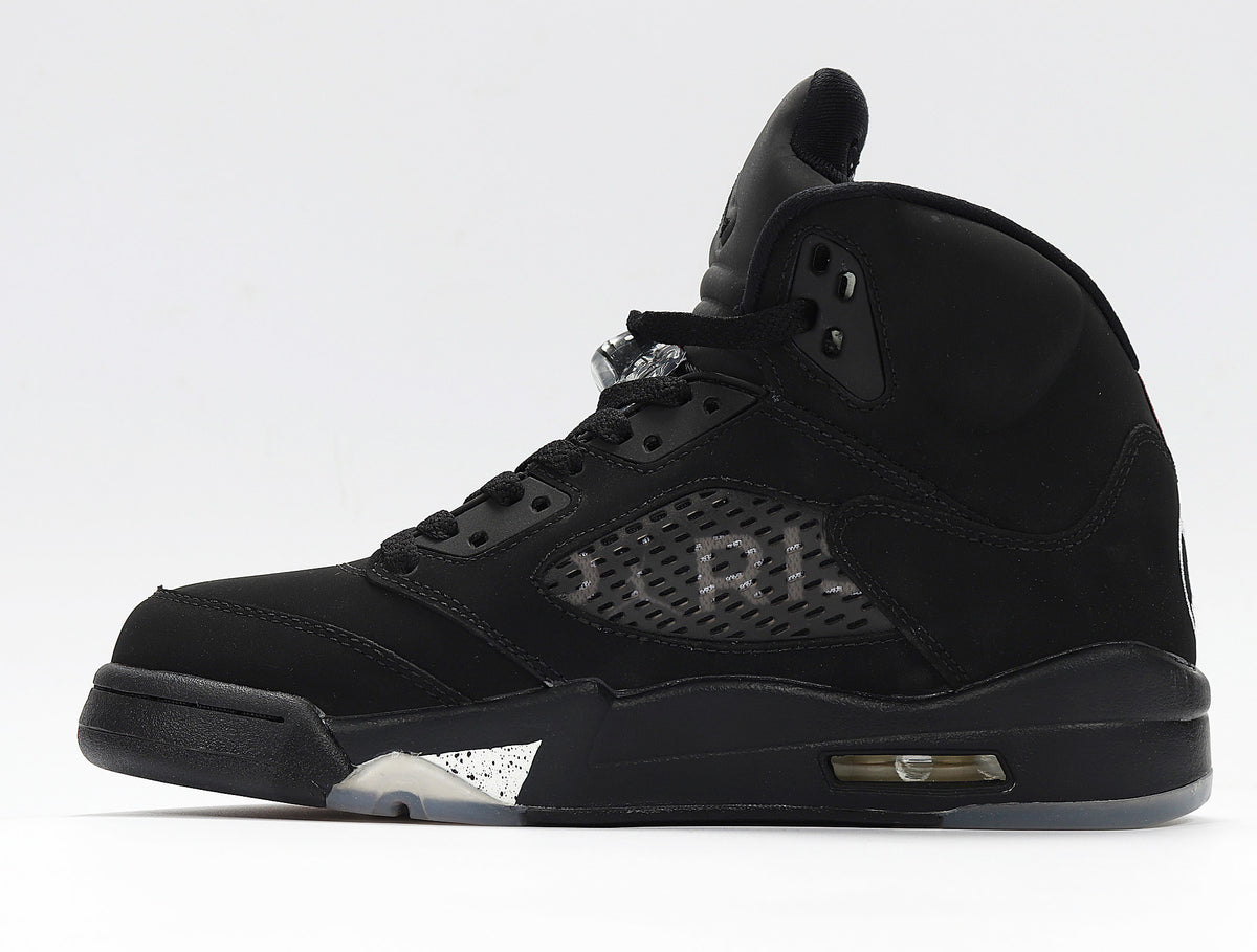 Side view of a black high-top sneaker with a translucent side panel and visible Air unit window