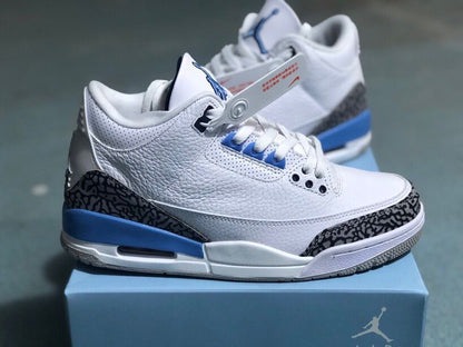 Side view of a white and blue Jordan 3 Retro sneaker