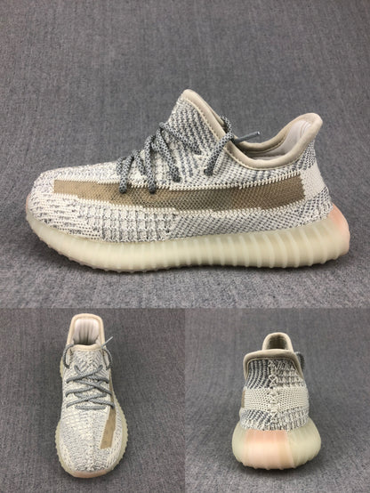 Side, top, and rear views of the cream-white and gray knitted kids sneaker.