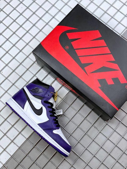 Purple and white high-top sneaker shown beside a black and red shoebox.