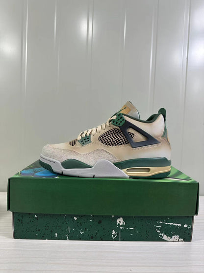 Side profile of one Air Jordan 4 Retro sneaker displayed on the illustrated green shoebox.