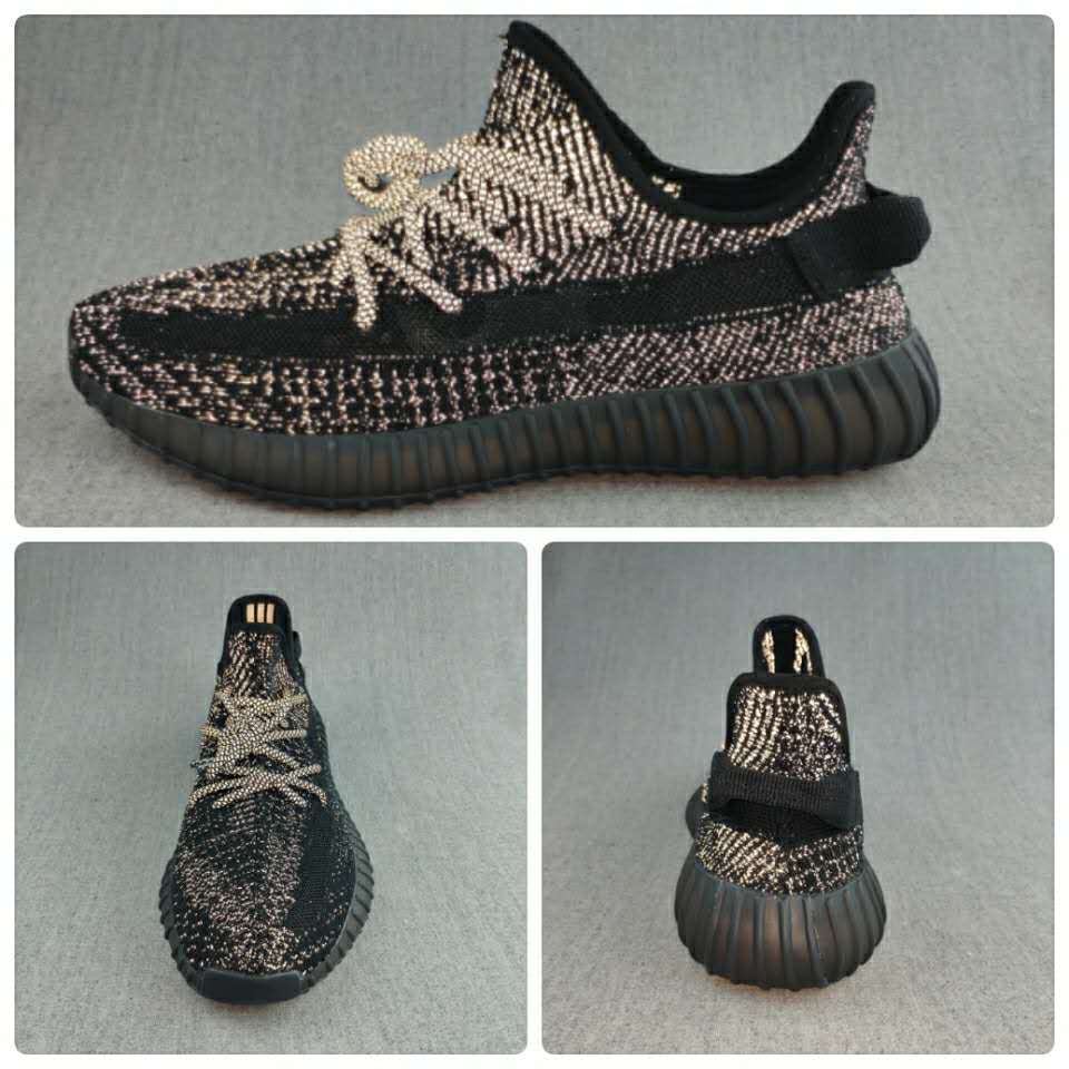 Collage showing side, top, and rear views of the black sneaker design.