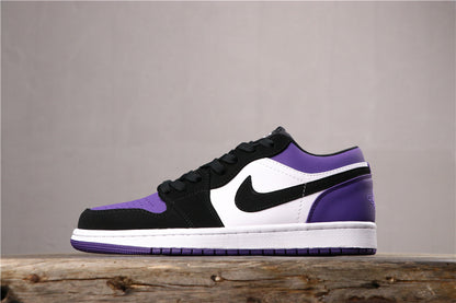 Opposite side profile showing the black and purple upper, white side panel, and purple outsole.