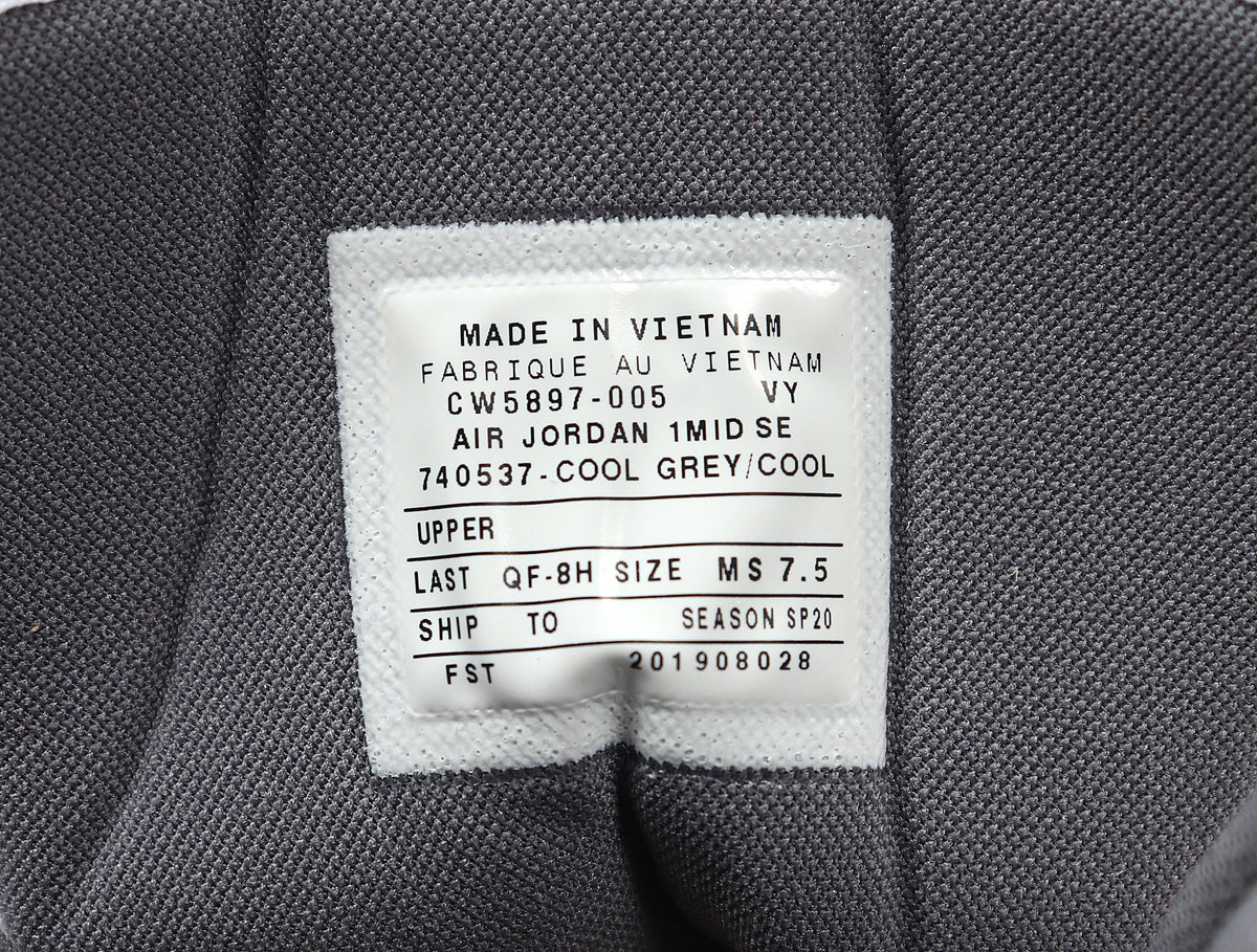 Interior label showing AIR JORDAN 1 MID SE, style code CW5897-005, color text COOL GREY/COOL, and sample size MS 7.5.