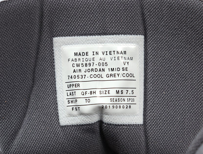 Interior label showing AIR JORDAN 1 MID SE, style code CW5897-005, color text COOL GREY/COOL, and sample size MS 7.5.