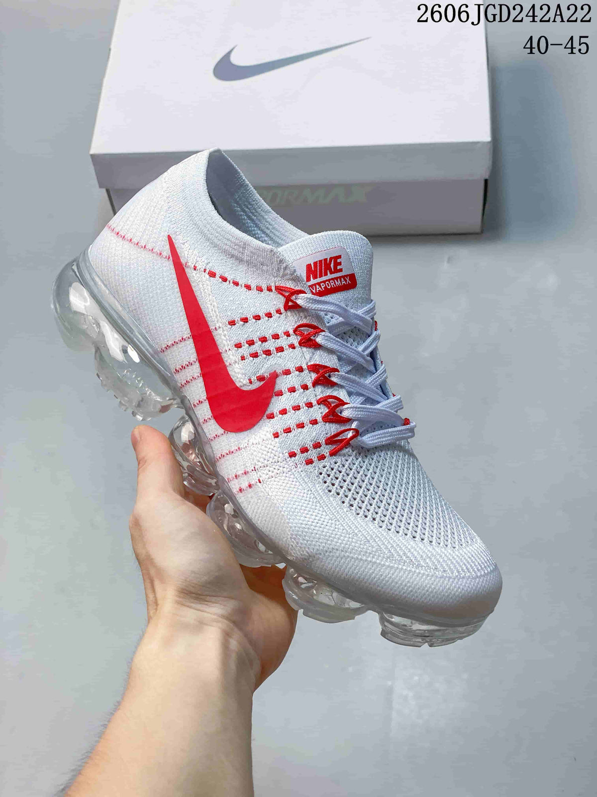 Nike VaporMax Flyknit Running Sneakers, White and Red