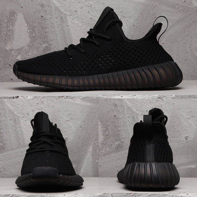 Multi-view collage showing the black sneaker from the side, front, and rear.