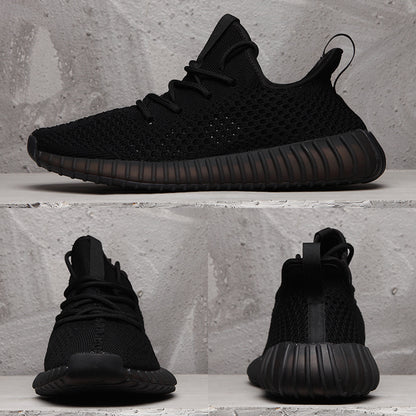 Multi-view collage showing the black sneaker from the side, front, and rear.