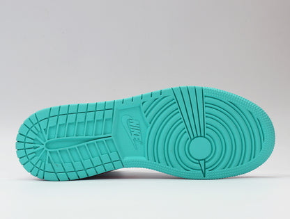 Underside view showing the aqua rubber outsole and circular traction pattern.