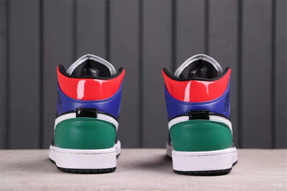 Rear view showing red and blue collar panels, green heel panels, white midsoles, and black outsoles.