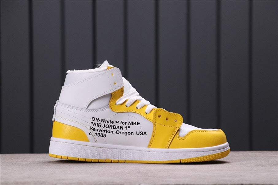 Side profile showing the yellow toe and heel panels, white midsole, and printed Off-White for Nike text.