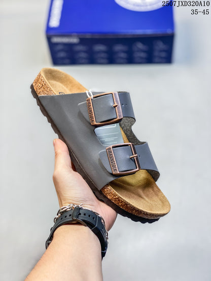 Birkenstock Two-Strap Slide Sandals in Dark Brown