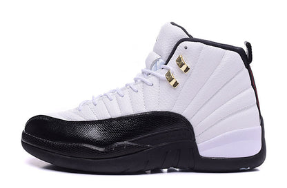 Single side profile showing the white upper, black mudguard and outsole, and Jordan 12 panel construction.