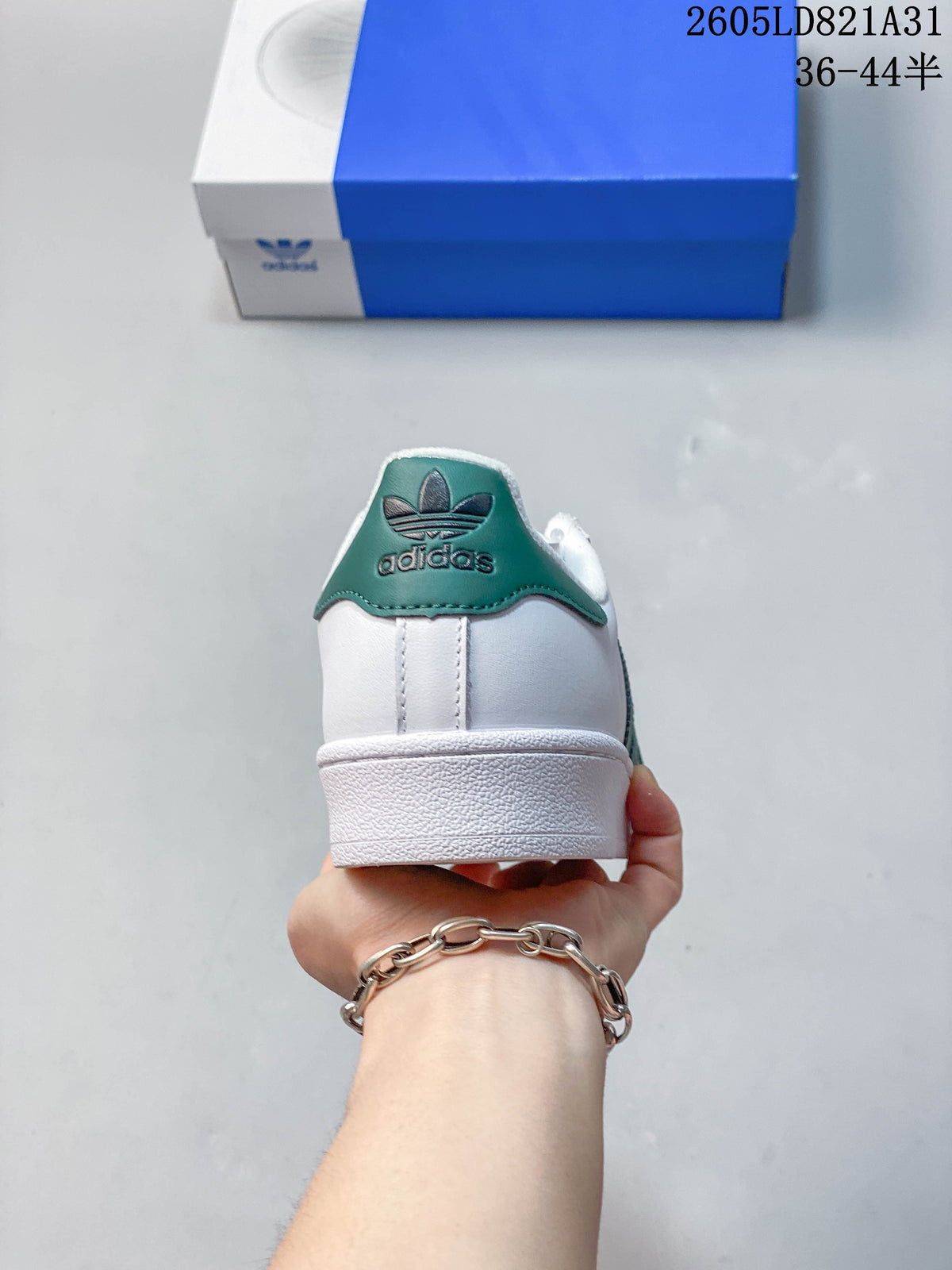 Adidas Superstar White and Green Shell-Toe Sneakers