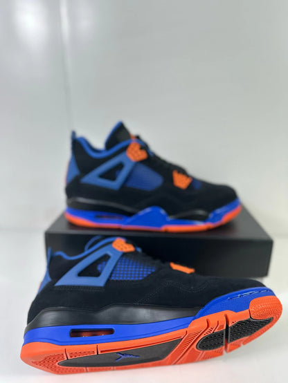 Angled view highlighting the Air Jordan 4 side profile, visible air unit and orange-blue outsole.