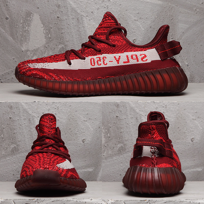 Composite product image showing side, front, and rear views of the burgundy sneakers.