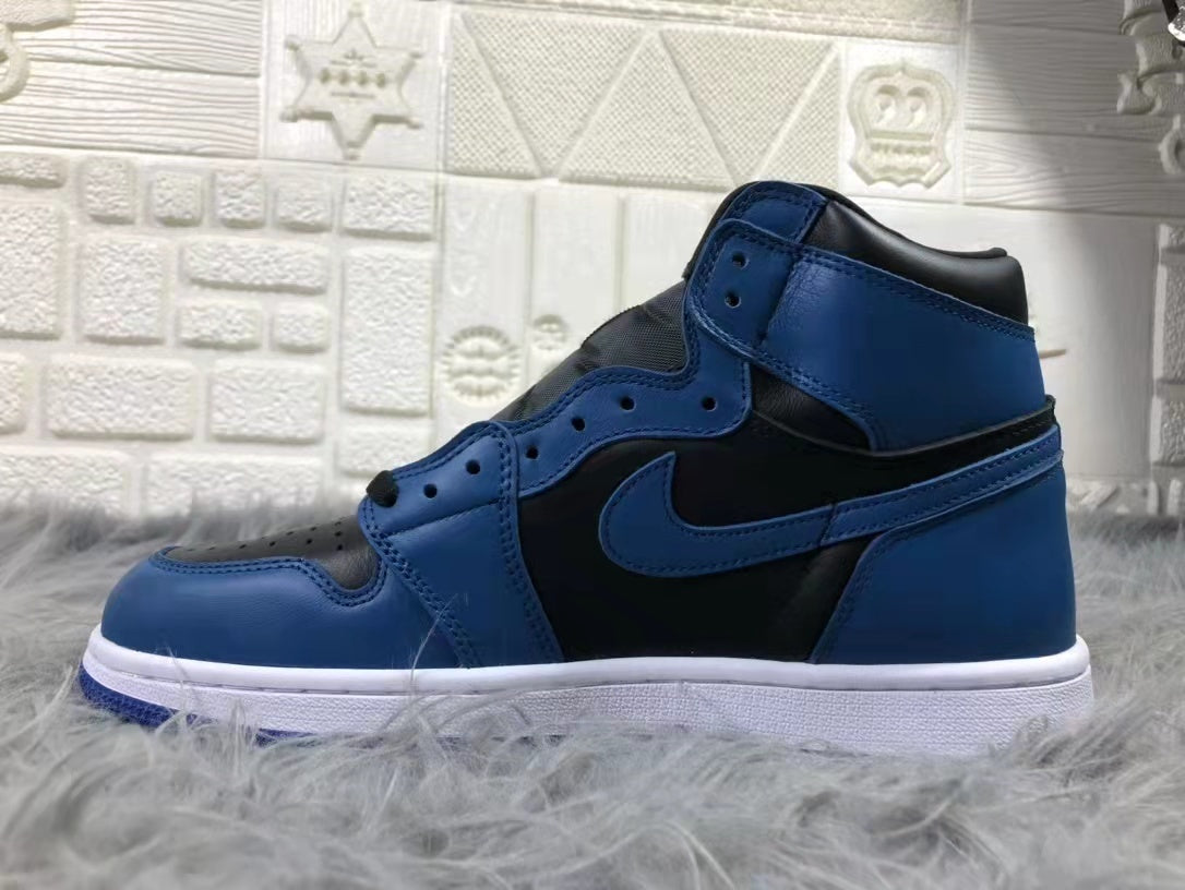 Outer side profile of a black and blue high-top sneaker showing the blue Swoosh, padded collar, and white midsole.