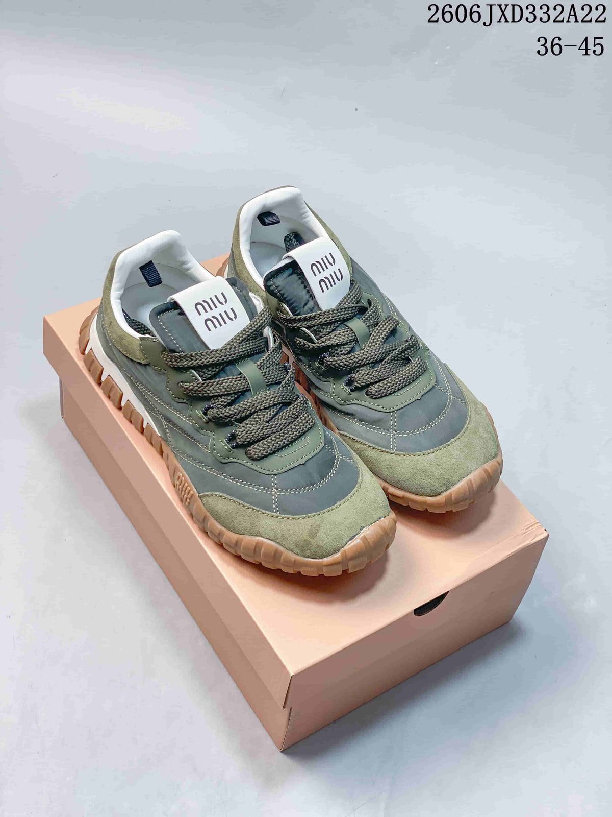 Miu Miu Tyre Low-Top Lace-Up Sneakers in Green and Gray