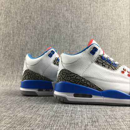 Close view of the heel and midsole of the white and blue Air Jordan 3 Retro sneakers.