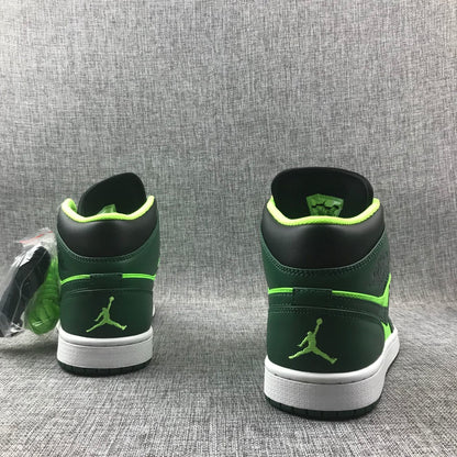 Rear view of the pair showing fluorescent green Jordan heel logos and white midsoles.