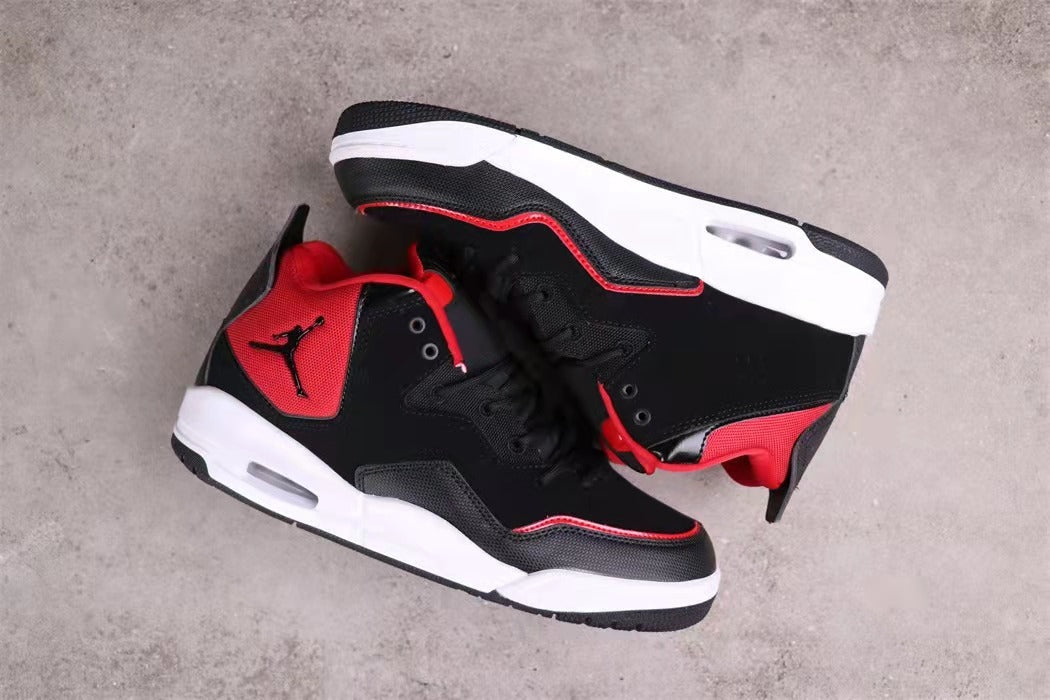 Overhead view of the pair showing the black, red, and white color scheme.