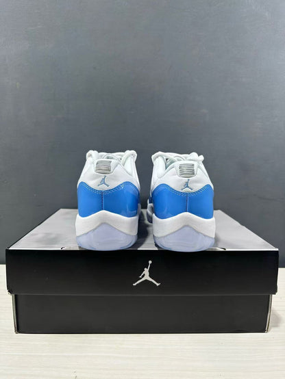 Rear view of the pair showing blue heel panels, white collars, and Jordan branding.